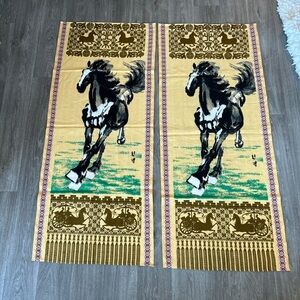 2 Vintage Asian Painted Wild Horses wall hang art 58.75X24.5 Embroidered Stamped